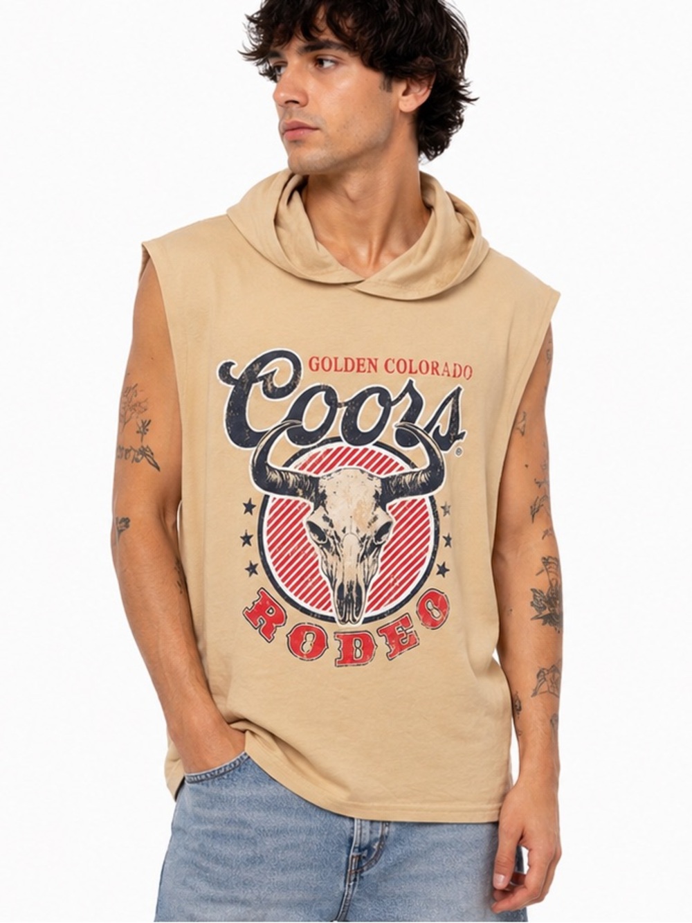 Coors Golden Colorado Rodeo Bull Skull Sleeveless Hooded Tank Top XL